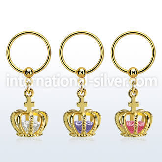 bcrtsz12 gold plated 316l steel bcr, 16g w dangling crown w cz