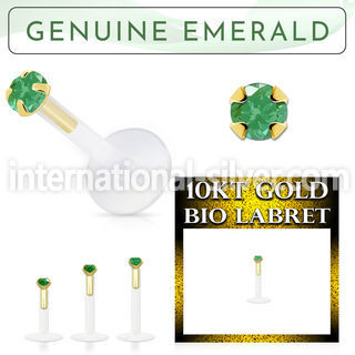 bioflex labret with push in 10kt gold w prong emerald