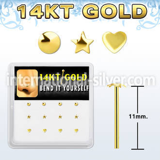 box w 12 14kt gold bend it nose studs w mixed shaped tops 