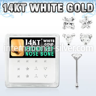 box w white 14kt gold nose bones w assorted prong set cz 