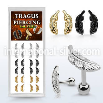 bxtrg1 box steel gold black steel tragus piercings w feather