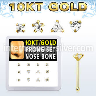 dginb17 box w 10kt gold nose bones w 3mm cz stones in mix shape