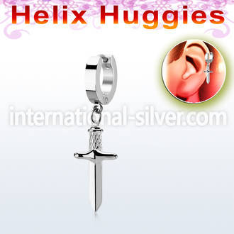 ehh768 high polished stainless steel huggie w a dangling dagger