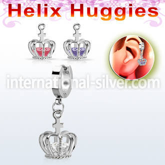 ehhz590 stainless steel helix huggie w dangling crown w cz