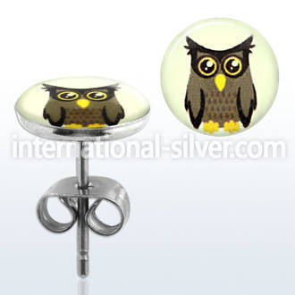 er256 pair of stainless steel earring studs with cute owl logo
