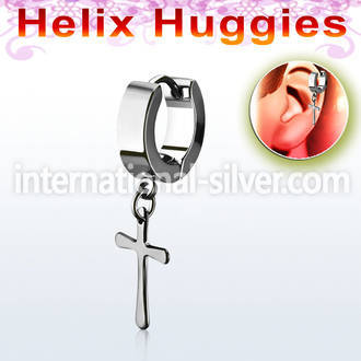 er268ch tiny high polished steel helix huggie w cross dangling