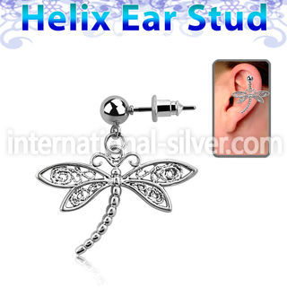 erbd566 316l steel helix ear stud ball with dangling dragonfly