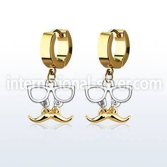 erg507 gold steel huggies earrings w dangling mustache glasses