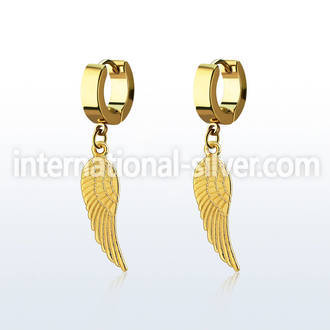 erg584 gold steel huggies earrings w dangling bird wing