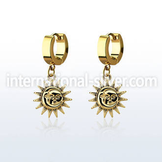 erg726 gold steel huggies earrings w a sun dangling