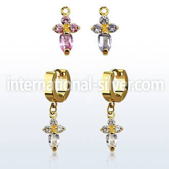 ergz518 gold steel huggies earrings w dangling cross w 4 czs