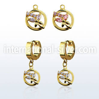 ergz520 gold steel huggies earrings w dangling circle butterfly