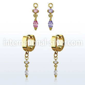 ergz522 gold steel huggies earrings w dangling oval cz
