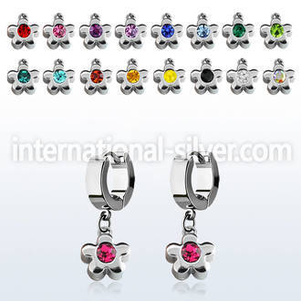 erh399 steel huggies earrings w dangling flower w a big crystal