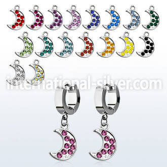 erh401 steel huggies earrings w dangling moon w crystals