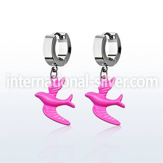 erh454 steel huggies earrings w dangling pink color bird