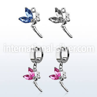erh532 steel huggies earrings w dangling fairy w crystal wings
