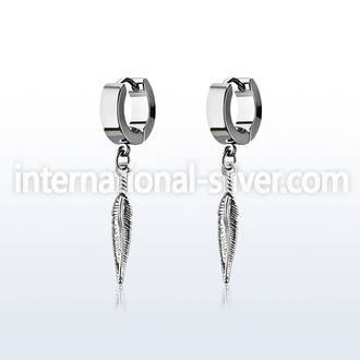 erh583 steel huggies earrings w dangling small feather