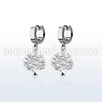 erh697 steel huggies earrings w dangling tree of life design