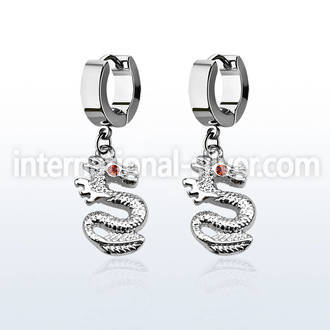 erh721 steel huggies earrings w dangling dragon w crystal eye