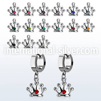 erhcr2 steel huggies earrings w dangling crown w single crystal