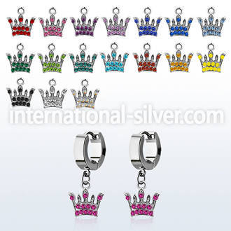 erhcr4 steel huggies earrings w dangling crystal studded crown