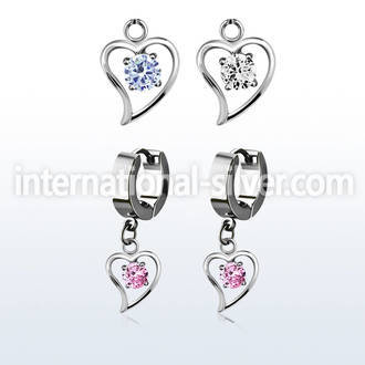 erhz17 steel huggies earrings w round cz inside heart dangling