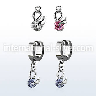 erhz376 steel huggies earrings w dangling swan design w round cz