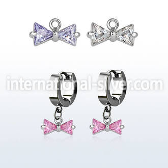 erhz408 steel huggies earrings w dangling prong set cz bow