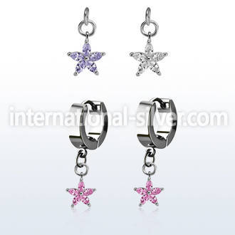 erhz413 steel huggies earrings w dangling flower w prong set cz