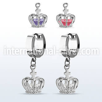 erhz590 stainless steel huggie w dangling crown w cz