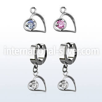 erhz66 steel huggies earrings w dangling lying heart w round cz