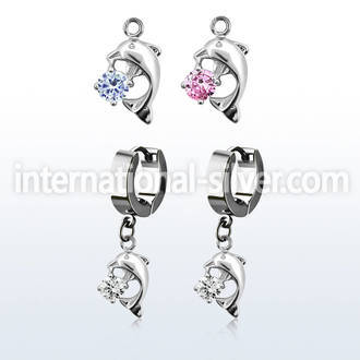 erhz7 steel huggies earrings w dangling dolphin w round cz