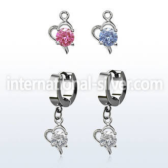 erhz9 steel huggies earrings w dangling heart w a big round cz