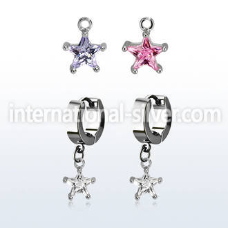 erhzs6 steel huggies earrings w dangling 6mm star shaped cz