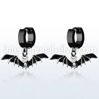 erk569 black steel huggies earrings w dangling black bat