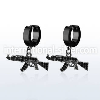 erk631 black steel huggies earrings w dangling black ak47