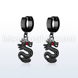 erk721 black steel huggies earrings w dangling black dragon