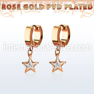 errz414 rose gold steel huggies earrings w dangling star w cz