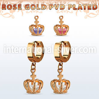 errz590 rose gold stainless steel huggie w dangling crown w cz