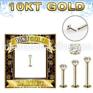 gilbz solid 10k gold labret w thread less push in top w cz