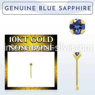 ginbge9 10kt gold nose bone with a 2mm prong set blue sapphire