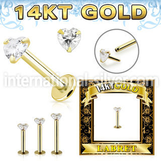 glbzh 14karat gold labret 3mm prong set heart cubic zirconia stone