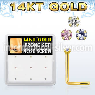 gsc1x box w 14kt gold nose screws, 20g w 1.5mm prong set cz