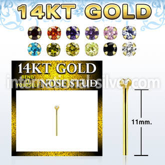 gyczm1b 14kt gold nose bend it nose stud, 20g w 1.5mm round cz