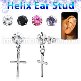 hexzd36 plain 925 silver helix ear stud w dangling plain cross 