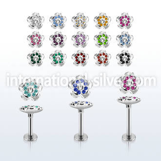 lbfw2c steel labret w a crystal flower upper part