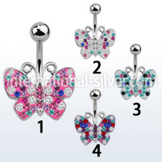 mcd448x steel belly banana 14g w multi crystal butterfly design