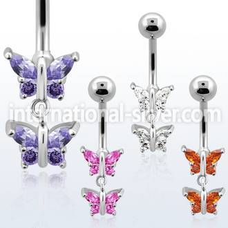 mcdz357 316l steel belly banana with dangling cz butterfly