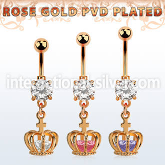 mdrz590 rose gold steel belly banana w cz dangling crown w cz